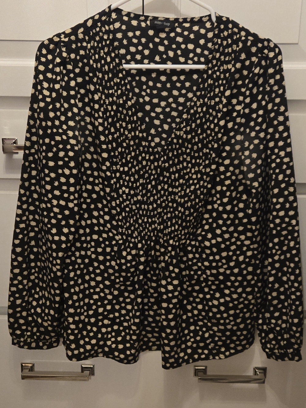 mittoshop Black Blouse with Cream Dot Print Size Small